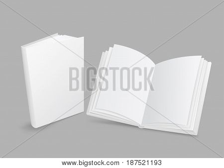 Standing open and closed white paper books with shadow on gray background. Empty cover template. Education literature symbol. Author writer show product