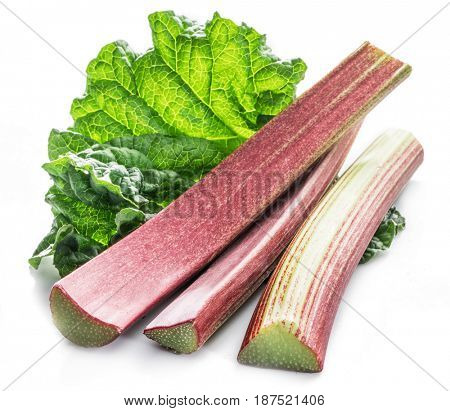 Edible rhubarb stalks on the white background.