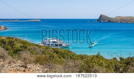 CRETE GREECE - JULY 11 2016: Beautiful bay. Kolokitha beach. Peninsula Kalydon. The island of Crete. A popular tourist destination.