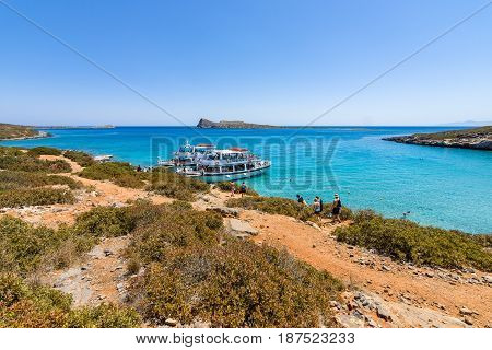 CRETE GREECE - JULY 11 2016: Beautiful bay. Kolokitha beach. Peninsula Kalydon. The island of Crete. A popular tourist destination.