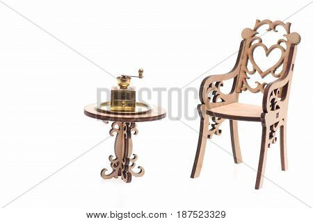 Coffee Grinder, Antique Vintage Brass Ware On Decorative Wooden Table