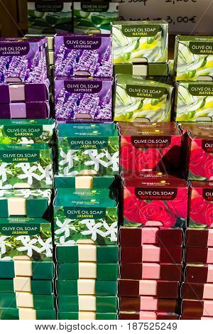 CRETE GREECE - JULY 11 2016: Sale of local soap with olive oil in the stores of a coastal elite tourist town Agios Nikolaos on the Greek island of Crete.