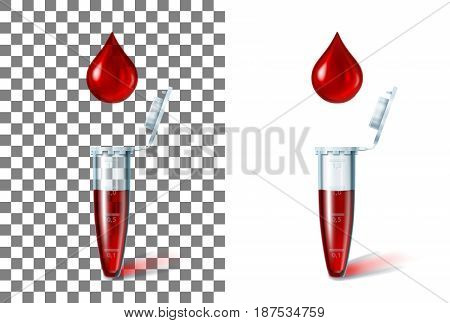 Microtest tube for laboratory researches and a blood drop over her. On a transparent and white background separately. Concept of the medical test, science, pcr analysis. Realistic vector illustration.
