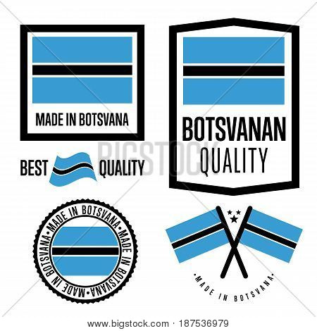 Botswana quality isolated label set for goods. Exporting stamp with botswanan flag, nation manufacturer certificate element, country product vector emblem. Made in Botswana badge collection.