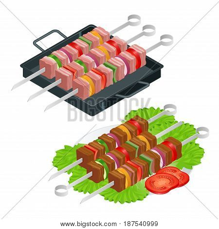 Barbecue design elements. Grill summer food. Picnic cooking device. Flat isometric illustration. Family weekend. BBQ is both a cooking method and an apparatus