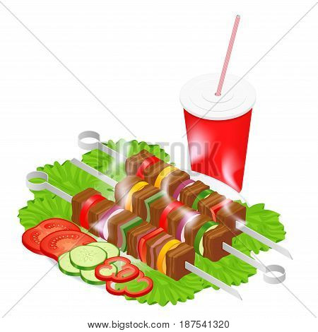 Barbecue design elements. Grill summer food. Picnic cooking device. Flat isometric illustration. Family weekend. BBQ is both a cooking method and an apparatus