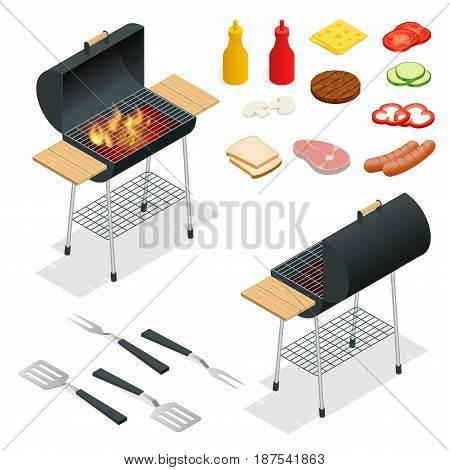 Barbecue design elements. Grill summer food. Picnic cooking device. Flat isometric illustration. Family weekend. BBQ is both a cooking method and an apparatus