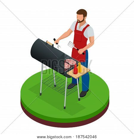 Male preparing barbecue outdoors. Grill summer food. Picnic cooking device. Flat isometric illustration. Family weekend. BBQ is both a cooking method and an apparatus