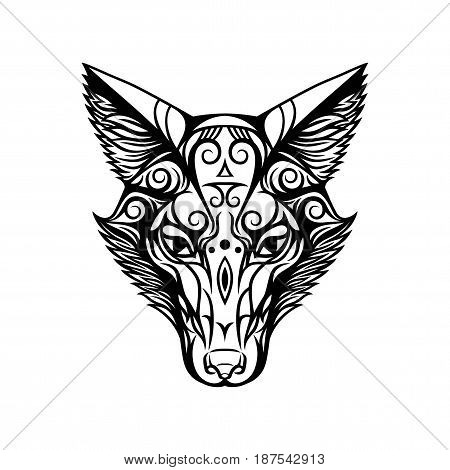 Decorative figure head of a Fox. Black on a white background.