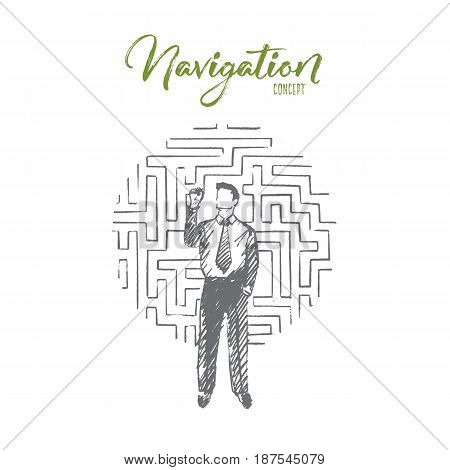 Vector hand drawn Navigation concept sketch. Bisinessman standing and drawing lines of labyrinth in air