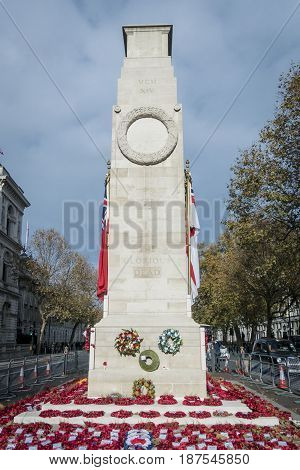 LONDON, UK, 19TH NOVEMBER 2016 - The historic Cenotaph War Memorial located on Whitehall in London, adorned with poppy wreaths