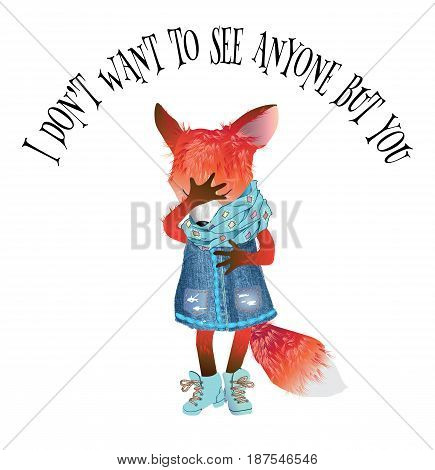 Vector illustration of pretty little fox isolated on white background. Fashionably dressed cartoon colorful cute fox with playful emotions. Best for T shirt print or greeting card
