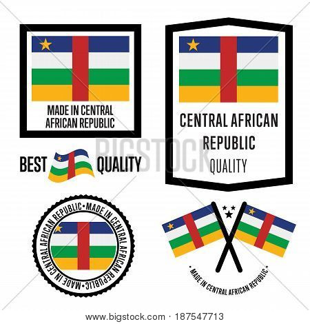 Central African Republic quality isolated label set for goods. Exporting stamp with nation flag, manufacturer certificate element, country product vector emblem. Made in Central African Republic badge