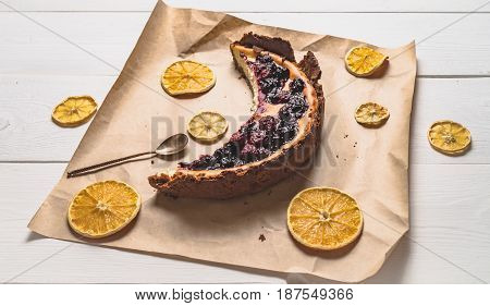 Top View Of Cheesecake In The Visible Moon Lemons On White Boards