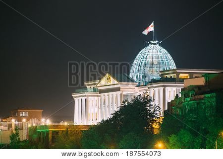 Tbilisi, Georgia. Presidential Administration Palace, Avlabari Residence In Night Illumination, Uptown Of Avlabari District. Famous Landmark