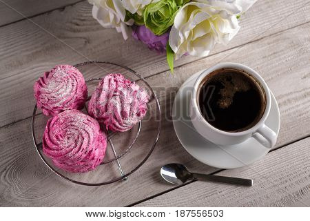 Black Coffee And Pink Zephyr. Marshmallow. Sweet Pink Marshmallow - Zephyr And Cup Of Coffee. Christ