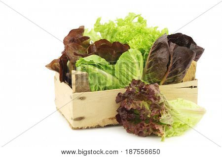 fresh romaine and red lettuce in a wooden crate on a white background
