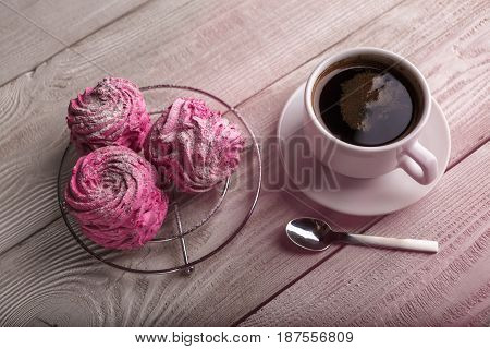 Black Coffee And Pink Zephyr. Marshmallow. Sweet Pink Marshmallow - Zephyr And Cup Of Coffee. Christ