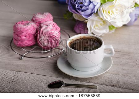 Black Coffee And Pink Zephyr. Marshmallow. Sweet Pink Marshmallow - Zephyr And Cup Of Coffee. Christ