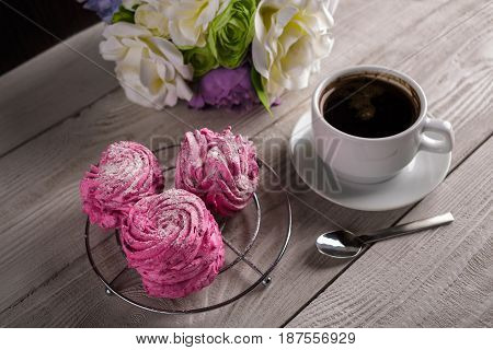 Black Coffee And Pink Zephyr. Marshmallow. Sweet Pink Marshmallow - Zephyr And Cup Of Coffee. Christ