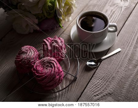Black Coffee And Pink Zephyr. Marshmallow. Sweet Pink Marshmallow - Zephyr And Cup Of Coffee. Christ