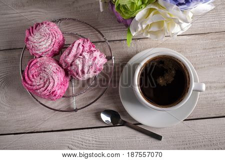Black Coffee And Pink Zephyr. Marshmallow. Sweet Pink Marshmallow - Zephyr And Cup Of Coffee. Christ