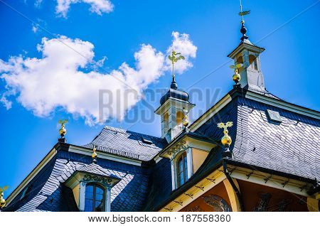Close up of the Roof of baroque palace Pillnitz is located near Dresden on the River Elbe, Saxony, Germany.