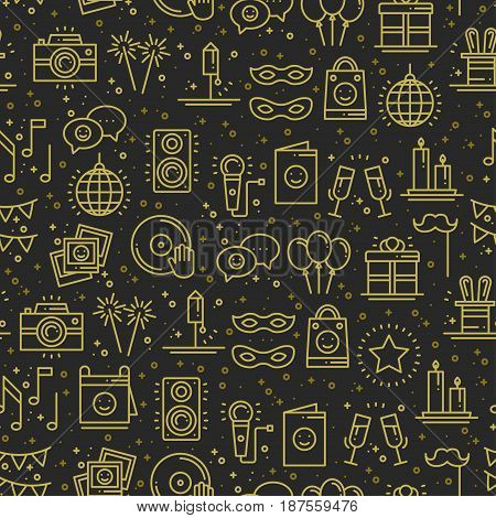 Party celebration seamless pattern. Birthday, holidays, event, carnival festive. Party decor elements thin icons. Vector illustration. Line background. Texture. Mask gifts cake cocktail firework