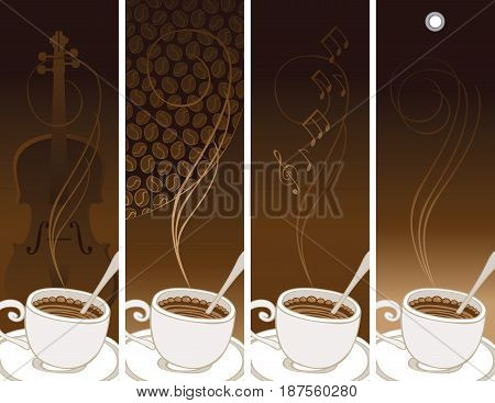 set of banners on the theme of coffee and music with cup and saucer on the different brown backgrounds