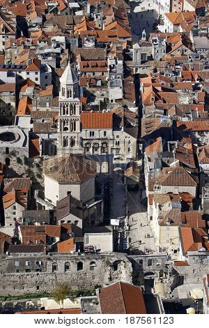 Aerial view of Cathedral and Peristyle in center of Diocletian Palace town Split Croatia