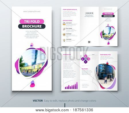 Business tri fold brochure design. Blue orange corporate business template for tri fold flyer. Layout with modern square photo and abstract background. Creative concept folded flyer or brochure.