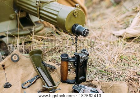 Parts Of The Disassembled Maxim's Machine Gun Model 1910 30. Pm M1910 Was A Heavy Machine Gun Used By The Imperial Russian Army During WW I And Red Army During Russian Civil War And World War II