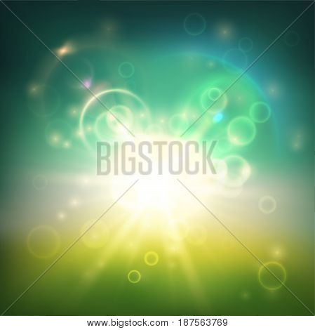 Abstract greenish background with effect of blur sun and water bubbles