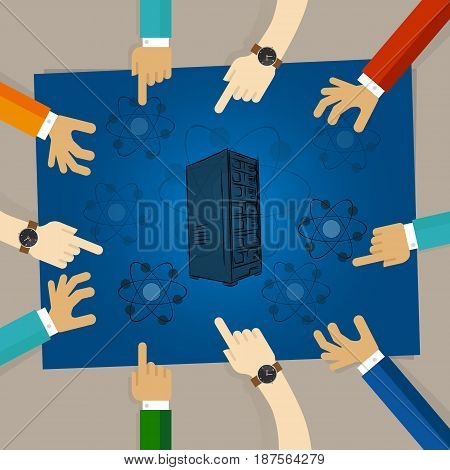quantum computation server computer bio technology element molecule physics hands working together as a team vector