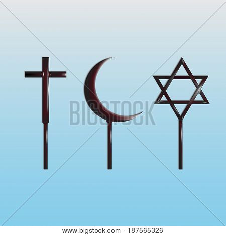 Symbols of the world religions - Christianity Islam and Judaism. Vector Illustration