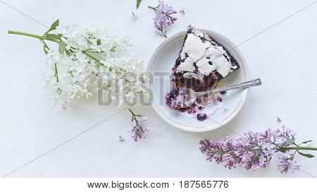 Tender homemade baking blueberry pie with lilac and tea