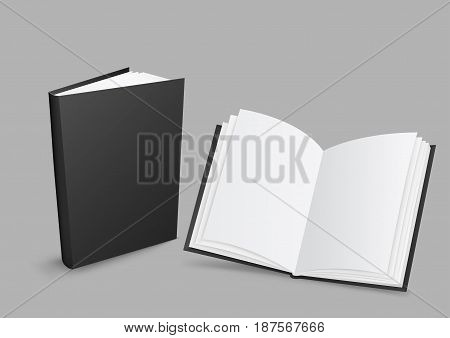 Standing closed and open black books with shadow on gray background. Empty cover template. Education literature symbol. Author writer show product