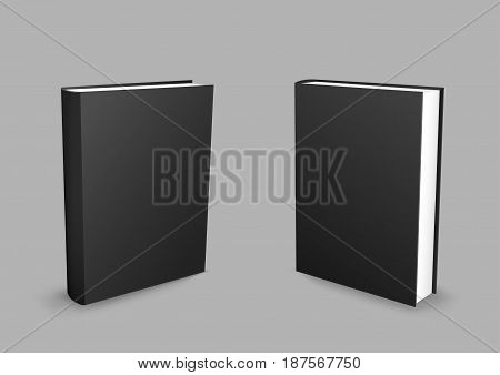 Standing closed black paper books with shadow on gray background. Empty cover template. Education literature symbol. Author writer show product
