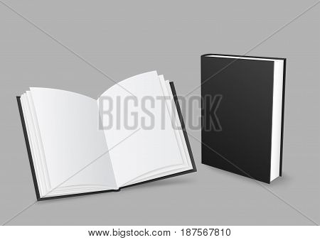 Standing closed and open black paper books with shadow on gray background. Empty cover template. Education literature symbol. Author writer show product