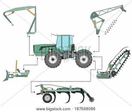 The concept of a tractor mounted equipment for construction and agriculture on a white background. Vector illustration