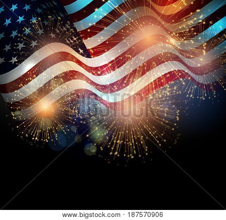 United States flag. Fireworks background for USA Independence Day. Fourth of July celebrate