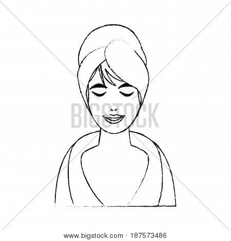 monochrome blurred silhouette of half body woman in bathrobe and towel in head vector illustration