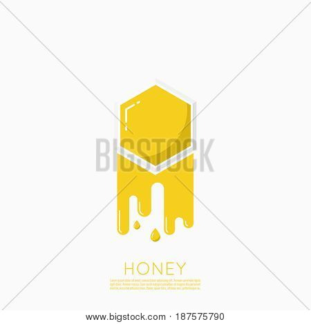 Vector icon honeycomb. Abstract background with yellow honey comb. Hexagon and drop. Iisolated illustration. Contemporary modern style design. Flying honeybee. Bee insect.