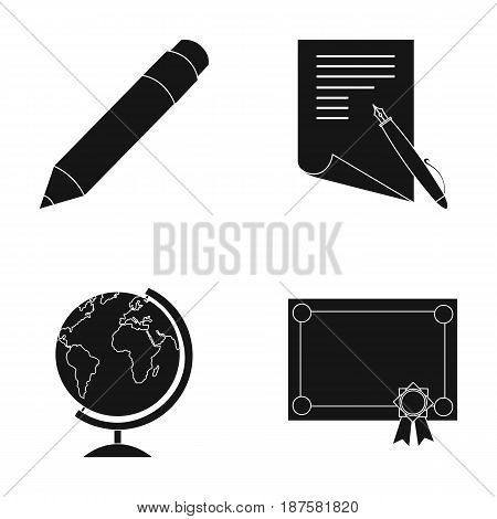 Red pencil, a sheet of paper with a blue handle, a diploma with a seal, a globe on a stand.School set collection icons in black style vector symbol stock illustration .