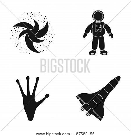 The alien's hand, the space shuttle ship Space Shuttle, the astronaut in the spacesuit, the black hole with the stars. Space set collection icons in black style vector symbol stock illustration .