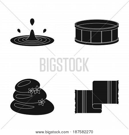 Drops of water, pool or basin with hot water, spa stones with lotus flowers, towel for the pool. Spa set collection icons in black style vector symbol stock illustration .