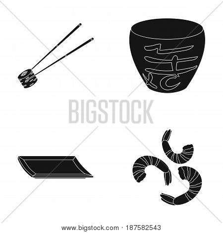 Sticks, shrimp, substrate, bowl.Sushi set collection icons in black style vector symbol stock illustration .