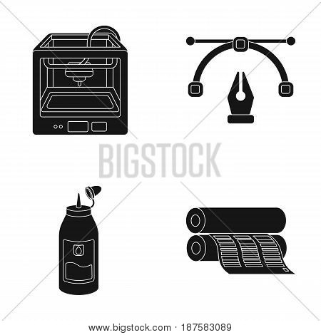 3D printer, newspaper printer, ink, pen. Typography set collection icons in black style vector symbol stock illustration .