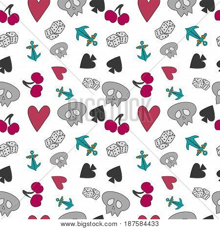 Seamless pattern with elements of cards and fruits on White background