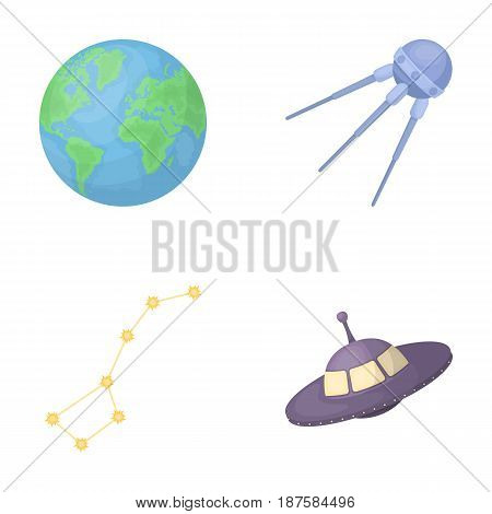 Planet Earth with continents and oceans, flying satellite, Ursa Major, UFO. Space set collection icons in cartoon style vector symbol stock illustration .